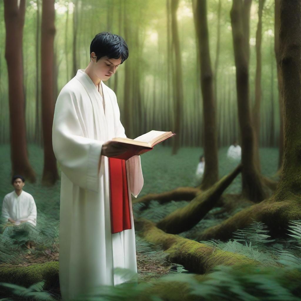 A young white man with black short hair is standing in a lush green forest