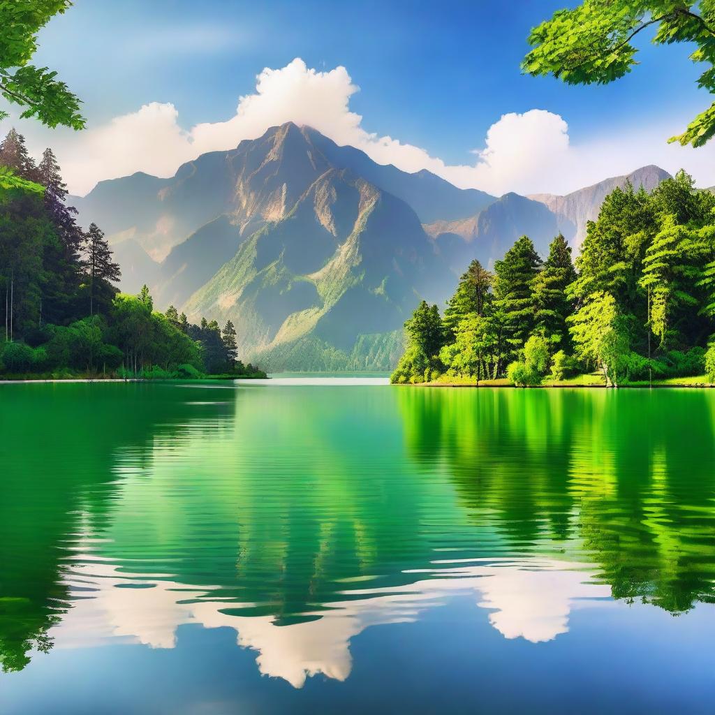 A visually appealing image featuring a beautiful landscape with a serene lake, surrounded by lush greenery and majestic mountains in the background