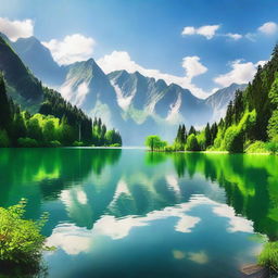 A visually appealing image featuring a beautiful landscape with a serene lake, surrounded by lush greenery and majestic mountains in the background