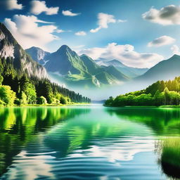 A visually appealing image featuring a beautiful landscape with a serene lake, surrounded by lush greenery and majestic mountains in the background