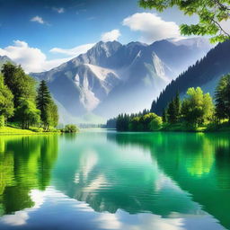 A visually appealing image featuring a beautiful landscape with a serene lake, surrounded by lush greenery and majestic mountains in the background