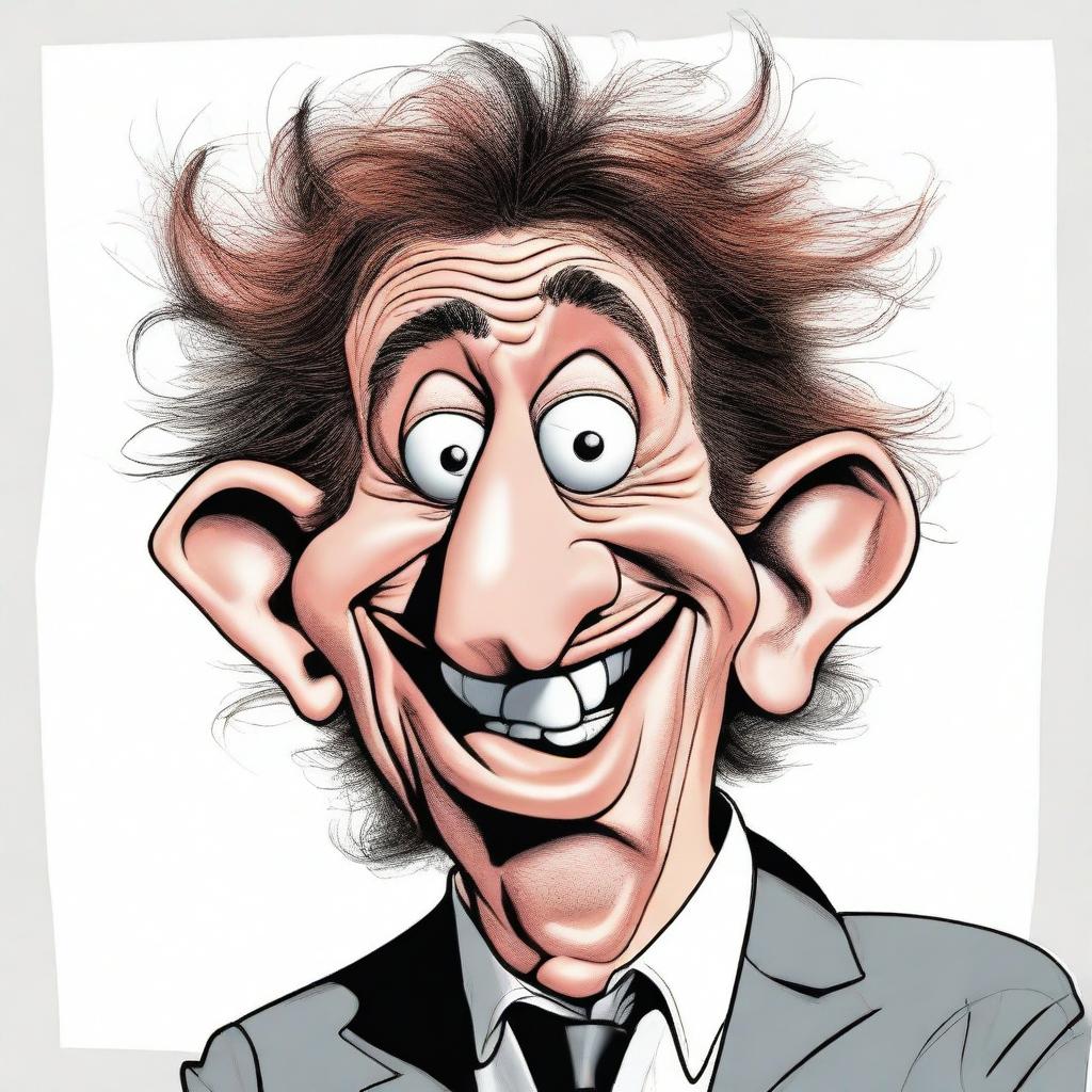 A caricature-style image of an extremely unattractive person, exaggerated features such as a large nose, crooked teeth, and messy hair