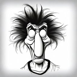 A caricature-style image of an extremely unattractive person, exaggerated features such as a large nose, crooked teeth, and messy hair