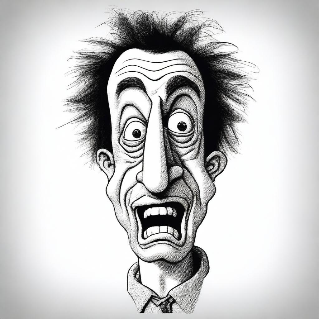 A caricature-style image of an extremely unattractive person, exaggerated features such as a large nose, crooked teeth, and messy hair