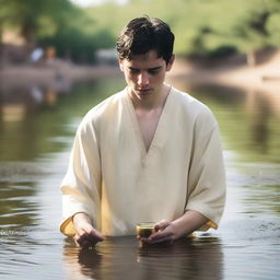 A young white man with black short hair is standing in a river