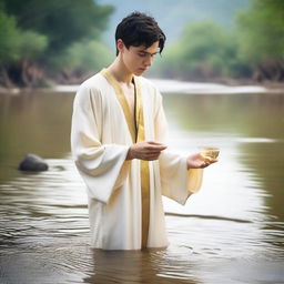 A young white man with black short hair is standing in a river