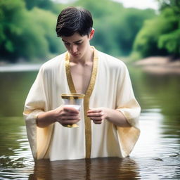 A young white man with black short hair is standing in a river