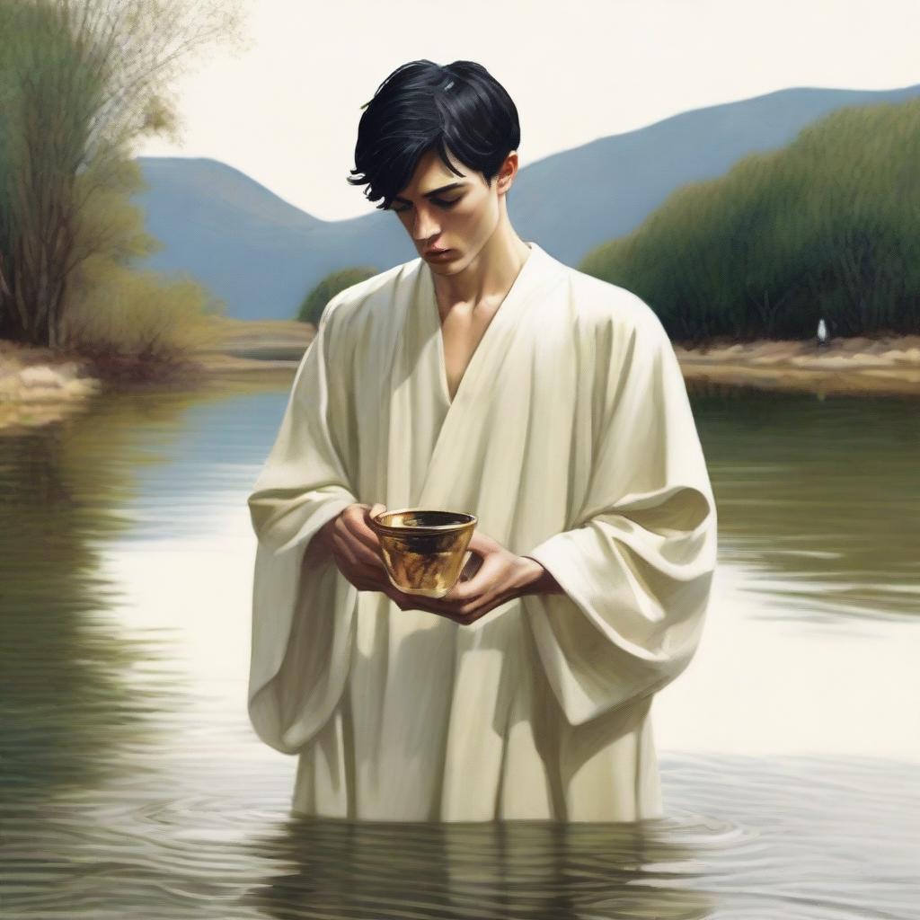 A young white man with black short hair is standing in a river