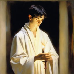 A white young man with black short hair lights a flame while holding a crosier in his hand