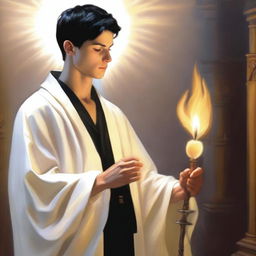 A white young man with black short hair lights a flame while holding a crosier in his hand