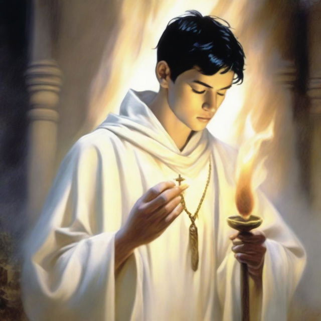 A white young man with black short hair lights a flame while holding a crosier in his hand