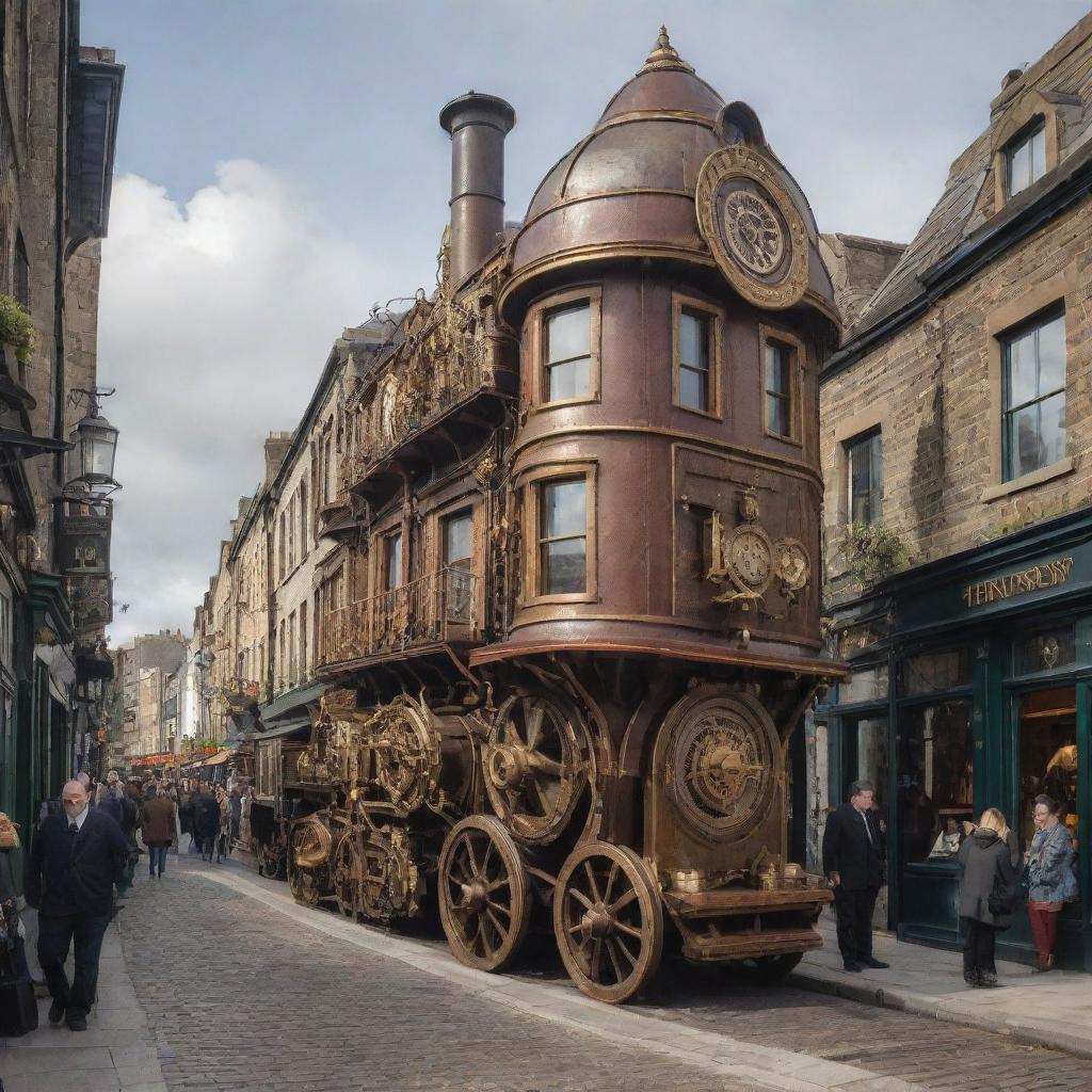 An Irish city transformed with a steampunk aesthetic, featuring detailed cogwheel embellishments, steam-powered machines, and a blend of brass and traditional architecture.