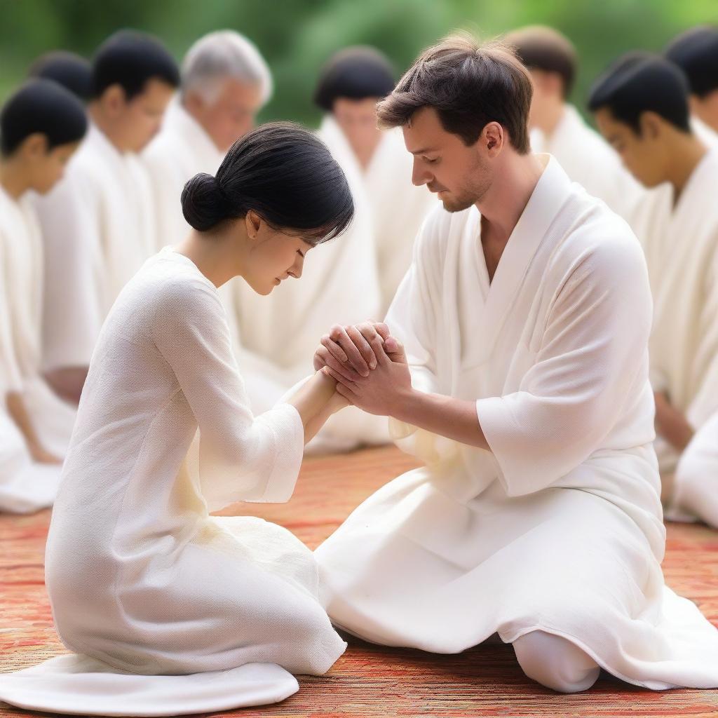 A young white man with short black hair is placing his hands on the head of a kneeling woman