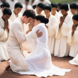 A young white man with short black hair is placing his hands on the head of a kneeling woman