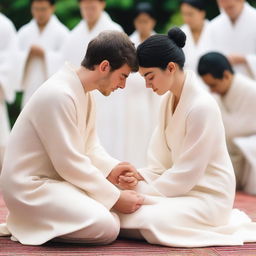 A young white man with short black hair is placing his hands on the head of a kneeling woman