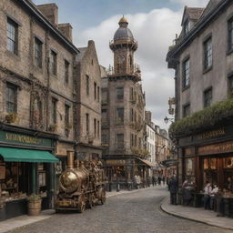 An Irish city transformed with a steampunk aesthetic, featuring detailed cogwheel embellishments, steam-powered machines, and a blend of brass and traditional architecture.