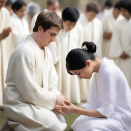 A young white man with short black hair is placing his hands on the head of a kneeling woman