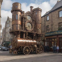 An Irish city transformed with a steampunk aesthetic, featuring detailed cogwheel embellishments, steam-powered machines, and a blend of brass and traditional architecture.