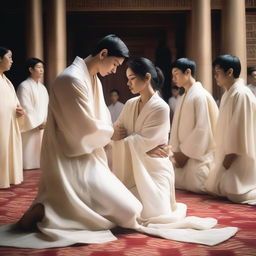 A white young man with black short hair is putting his hands on the head of a kneeling woman