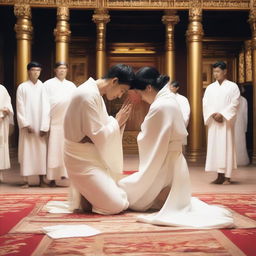 A white young man with black short hair is putting his hands on the head of a kneeling woman