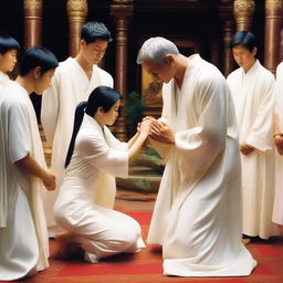 A white young man with black short hair is putting his hands on the head of a kneeling woman