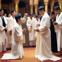 A white young man with black short hair is putting his hands on the head of a kneeling woman