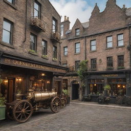 An Irish city transformed with a steampunk aesthetic, featuring detailed cogwheel embellishments, steam-powered machines, and a blend of brass and traditional architecture.