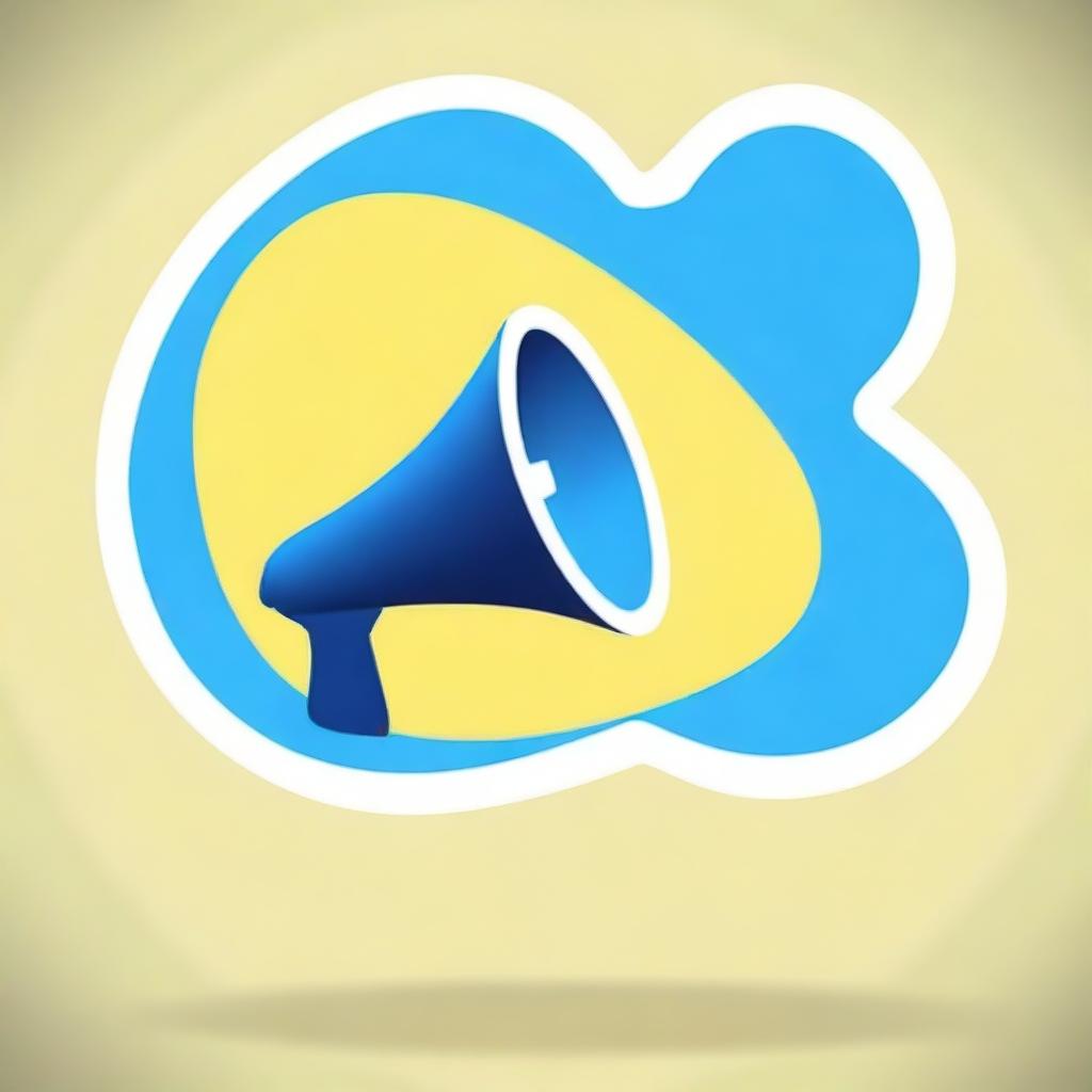 Create a photograph-style image of a small white-blue megaphone inside a light yellow speech bubble on a blue background