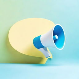 Create a photograph-style image of a small white-blue megaphone inside a light yellow speech bubble on a blue background