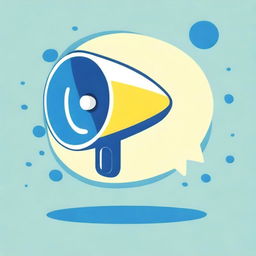 Create a photograph-style image of a small white-blue megaphone inside a light yellow speech bubble on a blue background