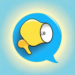 Create a photograph-style image of a small white-blue megaphone inside a light yellow speech bubble on a blue background