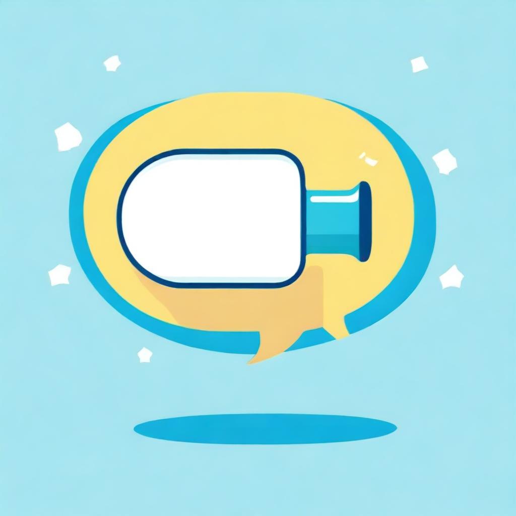 Create a photograph-like image of a small white-blue megaphone in the middle of a light yellow speech bubble over a blue background