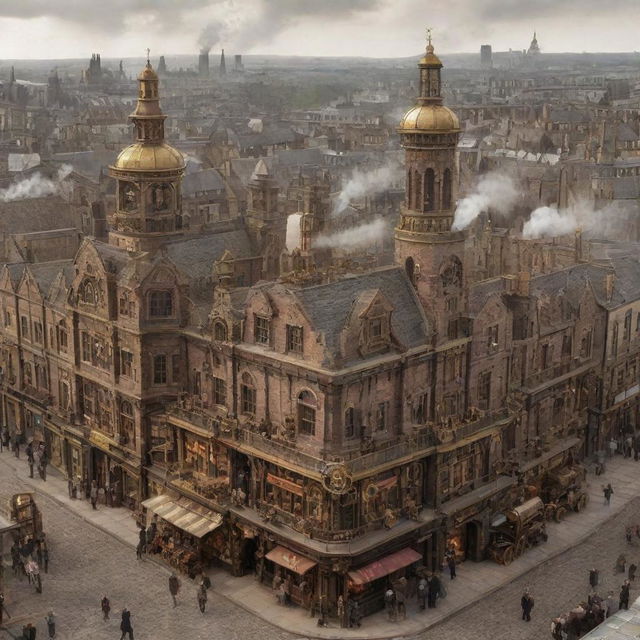 A steampunk transformation of a city in the United Kingdom, displaying a blend of detailed gears, steam-driven technology, and brass accents within the traditional British architecture.