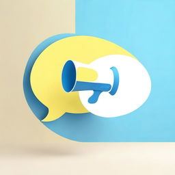 Create a photograph-like image of a small white-blue megaphone in the middle of a light yellow speech bubble over a blue background