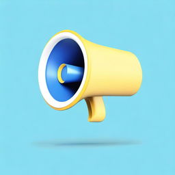 Create a photograph-like image of a small white-blue megaphone in the middle of a light yellow speech bubble over a blue background