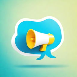 Create a photograph-like image of a small white-blue megaphone in the middle of a light yellow speech bubble over a blue background