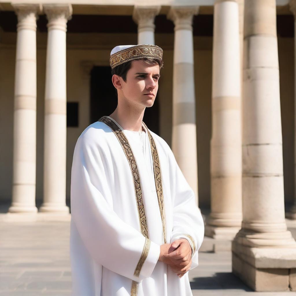 A European white young man with black short hair wearing a mitre on his head