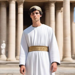 A European white young man with black short hair wearing a mitre on his head