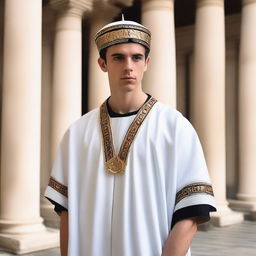 A European white young man with black short hair wearing a mitre on his head