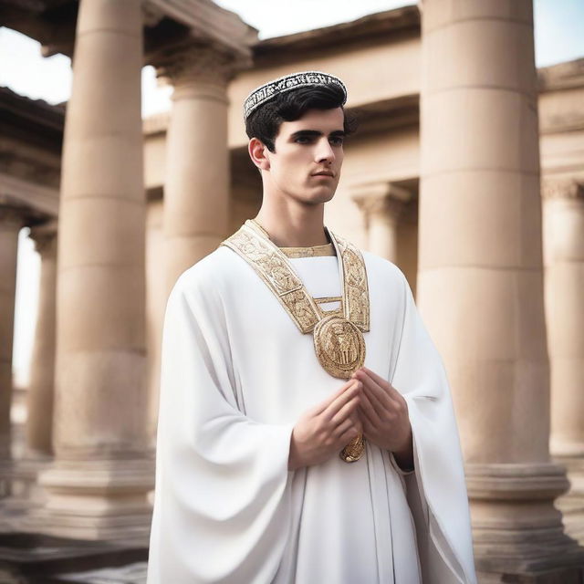 A European white young man with black short hair wearing a mitre on his head