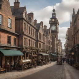 A steampunk transformation of a city in the United Kingdom, displaying a blend of detailed gears, steam-driven technology, and brass accents within the traditional British architecture.