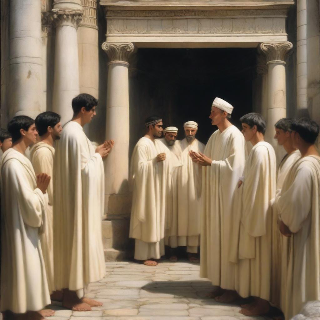 A European white young man with black short hair, dressed in white spiritual robes and wearing a white mitre on his head, is giving a blessing in a Roman temple