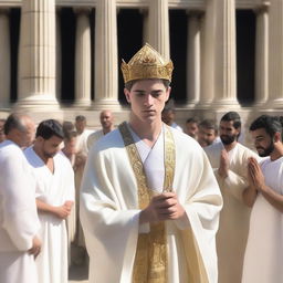 A European white young man with black short hair, dressed in white spiritual robes and wearing a white mitre on his head, is giving a blessing in a Roman temple