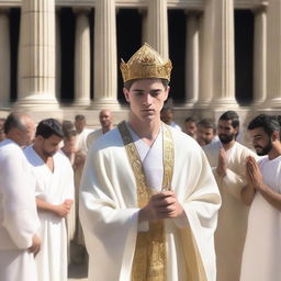 A European white young man with black short hair, dressed in white spiritual robes and wearing a white mitre on his head, is giving a blessing in a Roman temple