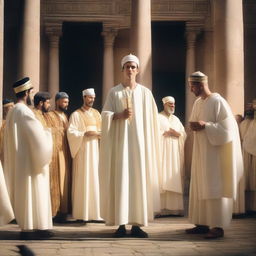 A European white young man with black short hair, dressed in white spiritual robes and wearing a white mitre on his head, is giving a blessing in a Roman temple