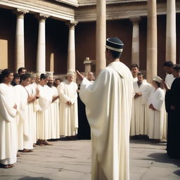 A European white young man with black short hair, dressed in white spiritual robes and wearing a white mitre on his head, is giving a blessing in a Roman temple