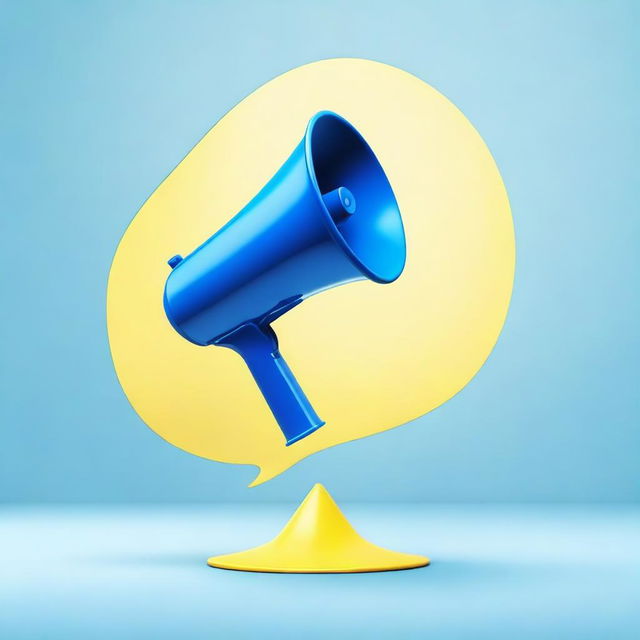 Create a realistic photograph-like image of a small blue megaphone in the middle of a light-yellow speech bubble over a blue background