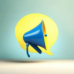 Create a realistic photograph-like image of a small blue megaphone in the middle of a light-yellow speech bubble over a blue background