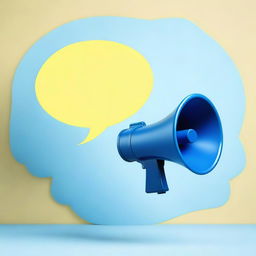 Create a realistic photograph-like image of a small blue megaphone in the middle of a light-yellow speech bubble over a blue background