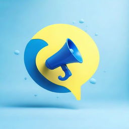 Create a realistic photograph-like image of a small blue megaphone in the middle of a light-yellow speech bubble over a blue background